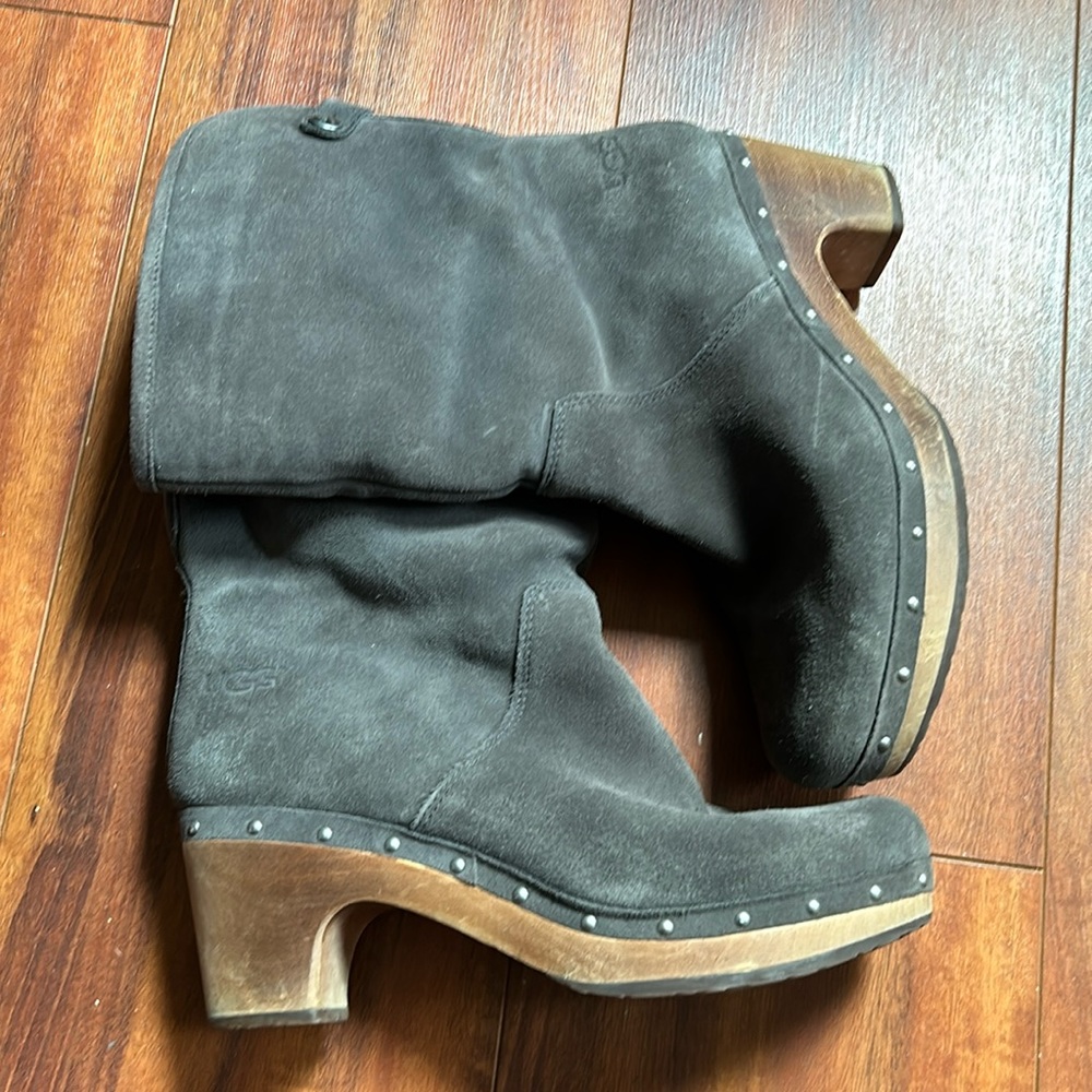 Ugg gray suede wooden heel boots warm
